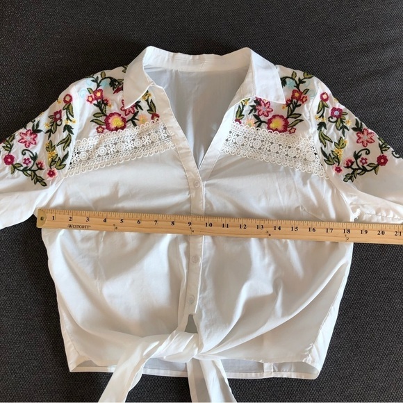 White front tie cropped shirt with multi colored floral embroidery flared sleeve - Picture 6 of 7